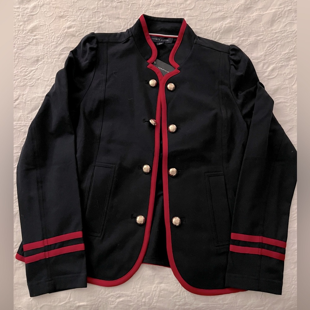 NWT Tommy Hilfiger Navy Puff Shoulder Blazer w/Red Lining and Gold Buttons, Sz M